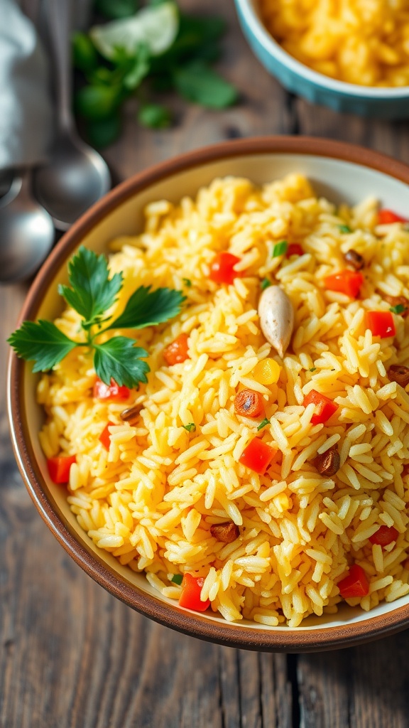 Fragrant Rice Pilaf Recipe A bowl of fluffy rice pilaf with parsley and mixed vegetables, served on a rustic table.